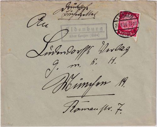 DR - Eldenburg ü. Lenzen (Elbe) Landpost-Ra2 Brief n. München 1936
