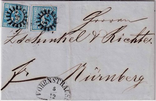 Bayern - 2x3 Kr. Quadrat blau Brief gMR 547 Vohenstrauss - Nürnberg 5.12.1859