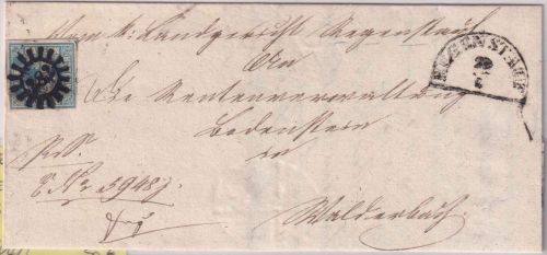 Bayern - 3 Kr. Quadrat blau Brief gMR 282 Regenstauf - Walderbach 29.6.1851
