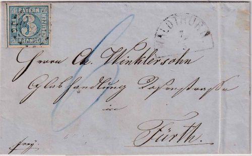 Bayern - 3 Kr. Quadrat blau Brief oMR 689 Waldthurn - Fürth 7/5 1861 Nachporto