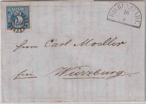 Bayern - 3 Kr. Quadrat blau Brief gMR 159 Giebelstadt - Würzburg 16/8 1858