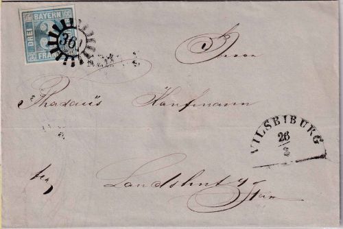 Bayern - 3 Kr. Quadrat blau Brief gMR 361 Vilsbiburg - Landshut 26/3 1852