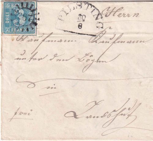 Bayern - 3 Kr. Quadrat blau Brief gMR 267 Pilsting - Landshut 30/8 1852