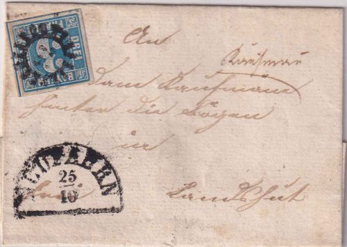 Bayern - 3 Kr. Quadrat blau Brief gMR 76 Neufahrn - Landshut 25/10 1852