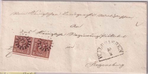 Bayern - 6 Kr. Quadrat braun waagr. Paar Brief gMR 371 Waldsassen 10/12 1855