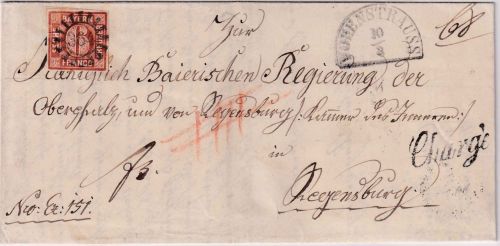Bayern - 6 Kr. Quadrat braun Chargebrief gMR 364 Vohenstrauss - Regensburg 10/3
