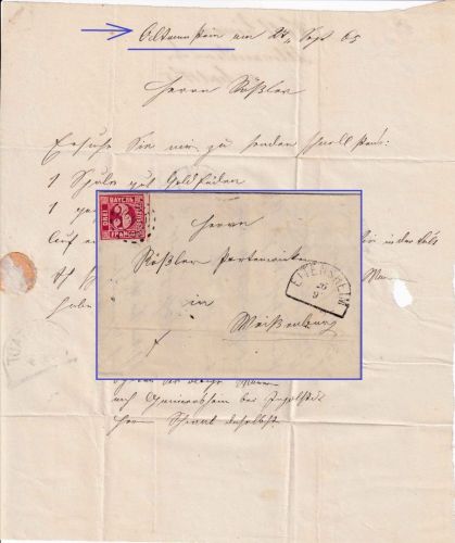 Bayern - 3 Kr. Quadrat rot Brief oMR 695 Eitensheim - Weißenburg 26/9 1865