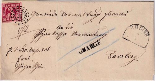 Bayern - 3 Kr. Quadrat rot Chargebrief oMR 431 Roding - Parsberg 9/5 1866