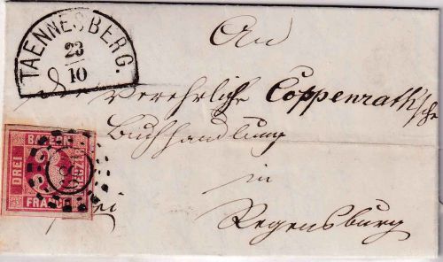 Bayern - 3 Kr. Quadrat rot Brief oMR 684 Tännesberg - Regensburg 23.10.1865