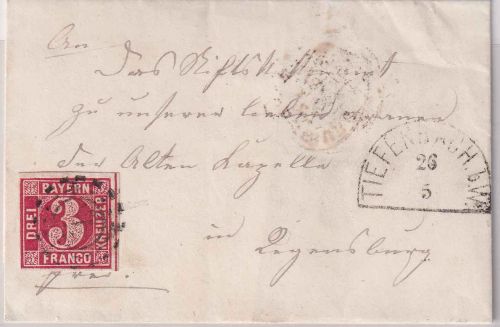 Bayern - 3 Kr. Quadrat rot Brief oMR 685 Tiefenbach b.W. - Regensburg 26.5.1864