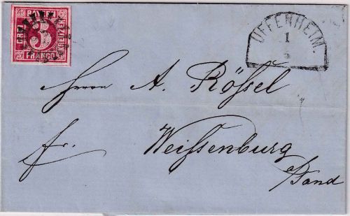 Bayern - 3 Kr. Quadrat rot Brief oMR 533 Uffenheim - Weißenburg 1.5.1864