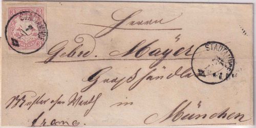 Bayern - Stadtamhof 7/1 Zier-K1 3 Kr. Wappen geschn. Brief/Muster ohne Wert 1870
