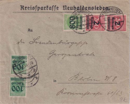 DR-Infla - 2x2 Mio./200 M. u.a. Bankbrief Neuhaldensleben 12.10.23 n. Berlin
