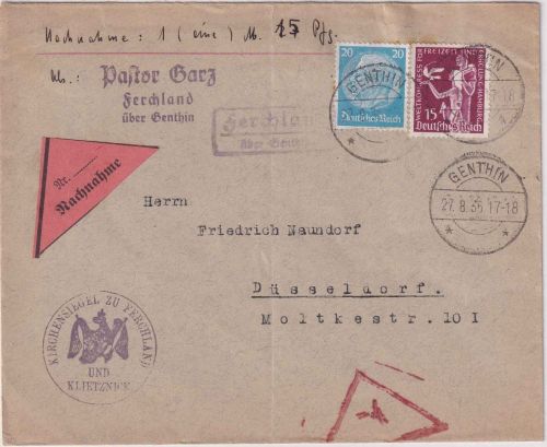 DR - Ferchland ü. Genthin Landpost-Ra2 Nachnahmebrief n. Düsseldorf 1936