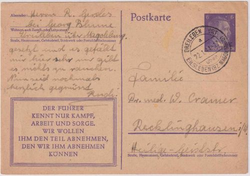 DR - Dreileben Ort ü Eilsleben (Bz. Magdeburg) Poststelle I Ganzsachenkarte 1944