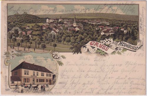 Sachsen-Anhalt - Heimburg a.H. Gasthaus Ortsansicht farb. Mehrbildlitho 1906