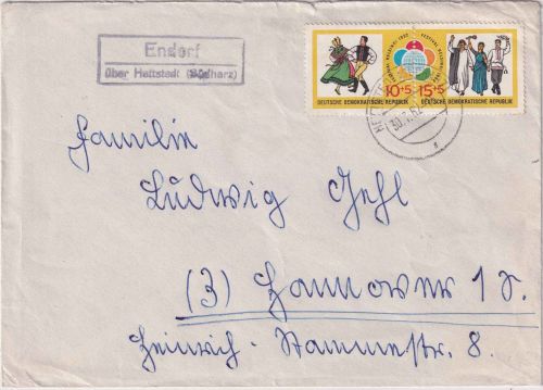 DDR - Endorf ü. Hettstedt (Südharz) Landpost-Ra2 Brief n. Hannover 1962