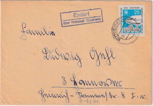 DDR - Endorf ü. Hettstedt (Südharz) Landpost-Ra2 Brief n. Hannover 1963