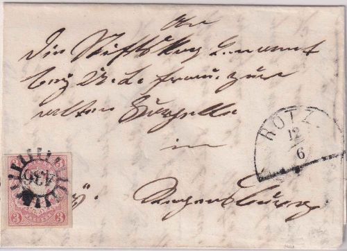 Bayern - 3 Kr. Wappen geschn. Brief gMR 436 Rötz - Regensburg 12.6.1867