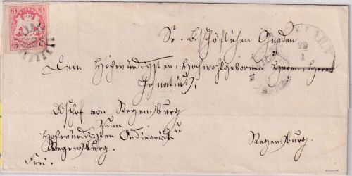 Bayern - 3 Kr. Wappen geschn. Brief gMR 588 Winklarn Bischofsbrief 29/1 1868