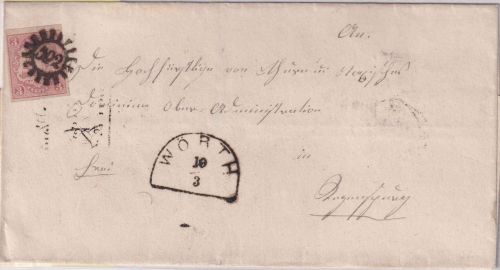 Bayern - 3 Kr. Wappen geschn. Brief gMR 592 Wörth n. Regensburg 10/3 1867