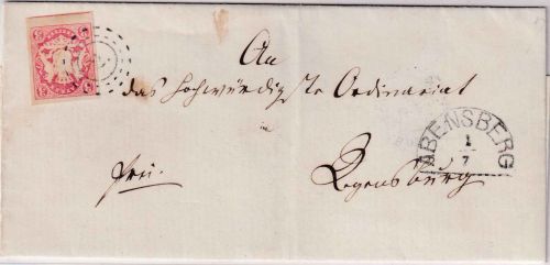Bayern - 3 Kr. Wappen geschn. Brief oMR 2 Abensberg n. Regensburg 1/7 1868