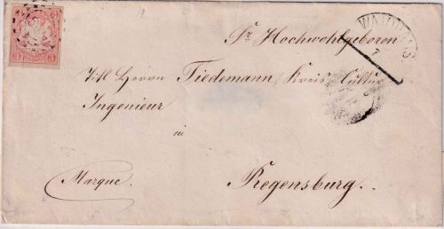 Bayern - 3 Kr. Wappen geschn. Brief oMR 551 Waidhaus - Regensburg 9/7