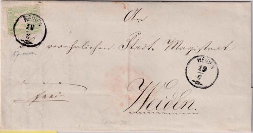 Bayern - 1 Kr. Wappen gez. Ortsbrief Zier-K1 Weiden 19/6 1871