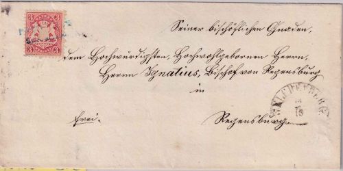 Bayern - 3 Kr. Wappen gez. Bischofsbrief Postablage Schwarzach blauer L2