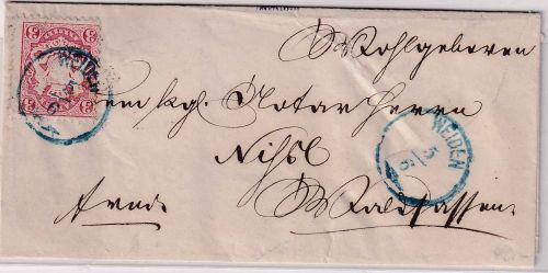 Bayern - 3 Kr. Wappen gez. Brief blauer Zier-K1 Weiden 5/6 (1873) n. Waldsassen
