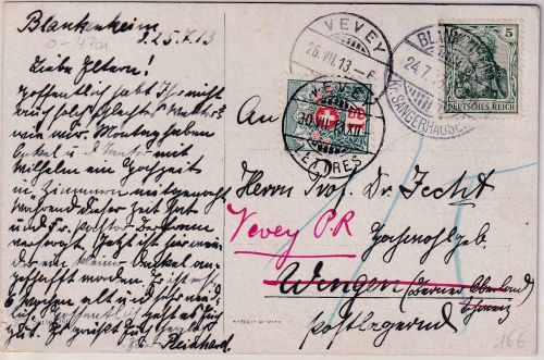 DR - 5 Pfg. Germania unterfrank. Karte i.d. SCHWEIZ Blankenheim 1913 Nachporto