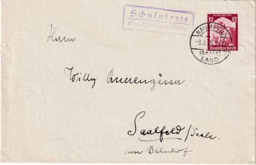DR - Schulpforte ü. Naumburg (Saale) Landpost-Ra2 Brief n. Saalfeld 1935