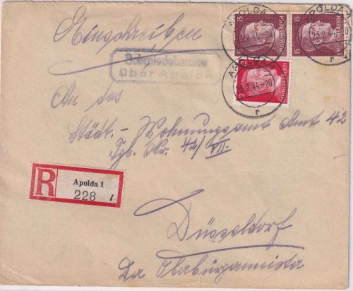 DR - Schmiedehausen ü. Apolda Landpost-Ra2 Einschreibbrief n. Düsseldorf 1944