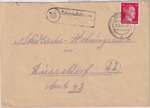 DR - (15) Schmiedehausen ü. Apolda Landpost-Ra2 Brief n. Düsseldorf 5.2.45