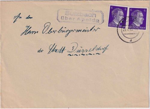 DR - Sulzbach ü. Apolda Landpost-Ra2 Brief n. Düsseldorf 1943