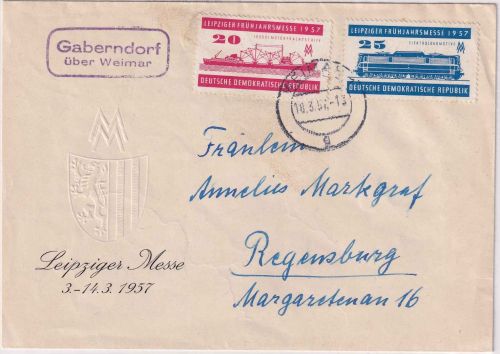 DDR - Gaberndorf ü. Weimar Landpost-Ra2 Schmuckkuvert n. Regensburg 1957