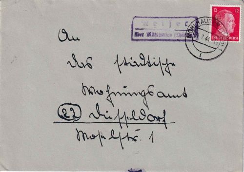 DR - Reiser ü. Mühlhausen Landpost-Ra2 Brief n. Düsseldorf 1944