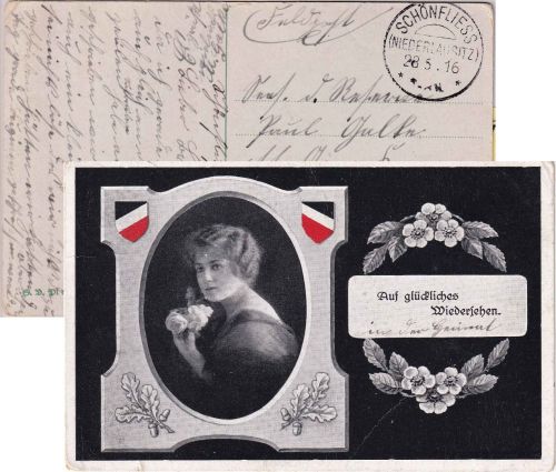 DR - Schönfliess (Niederlausitz) 28.5.16 KOS Feldpostkarte n. BELGIEN