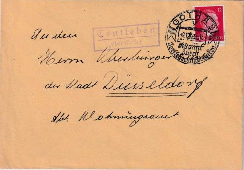 DR - Teutleben ü. Gotha Landpost-Ra2 Brief n. Düsseldorf 1943