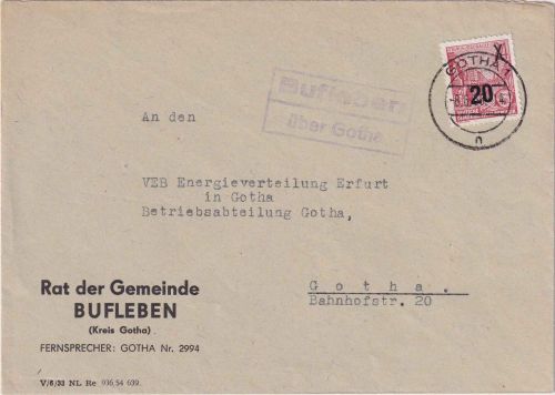 DDR - Bufleben ü. Gotha Landpost-Ra2 Brief n. Gotha 1955