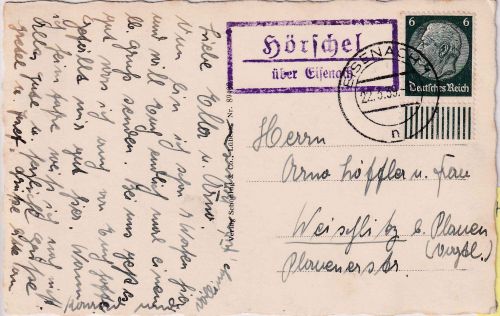 DR - Hörschel ü. Eisenach Landpost-Ra2 Karte n. Weischlitz 1939