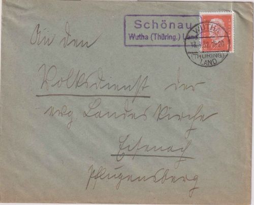 DR - Schönau Wurtha (Thüring.) Land Landpost-Ra2 Brief n. Eisenach 1932