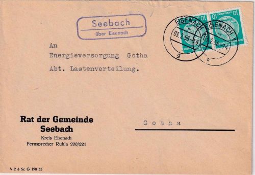 DDR - Seebach ü. Eisenach Landpost-Ra2 Brief n. Gotha 1956