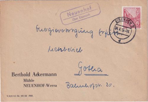 DDR - Neuenhof ü. Eisenach Landpost-Ra2 Brief n. Gotha 1956
