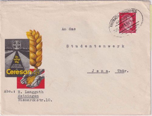 DR - Eisenach Lichtenfels Bahnpost Zug 0465 illustr. Firmenbrief Meiningen 1943