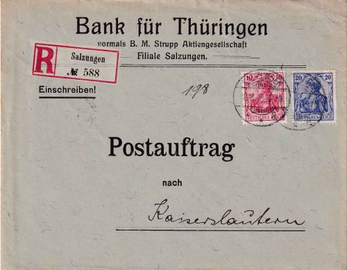 DR - 10+20 Pfg. Germania Einschreibebrief/Postauftrag Salzungen 1913