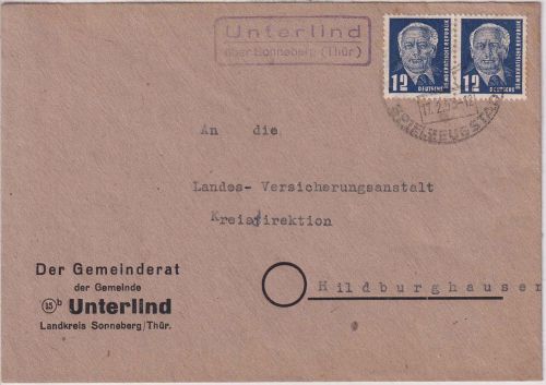 DDR - Unterlind ü. Sonneberg (Thür.) Landpost-Ra2 Brief n. Hildburghausen 1953