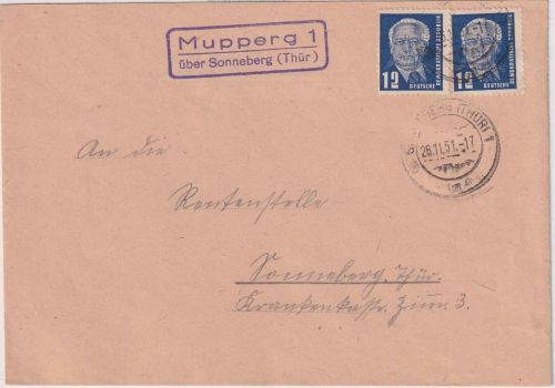 DDR - Mupperg 1 ü. Sonneberg (Thür.) Landpost-Ra2 Brief n. Sonneberg 1951