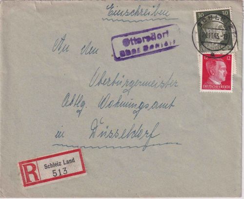 DR - Ottersdorf ü. Schleiz Landpost-Ra2 Einschreibebrief n. Düsseldorf 1943
