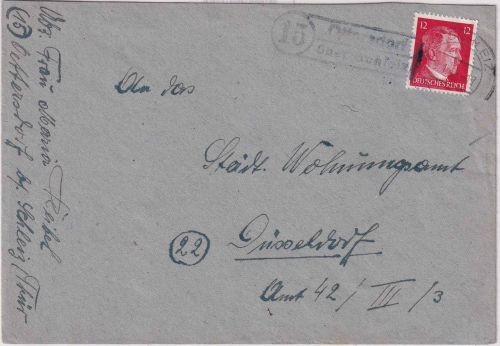 DR - (15) Ottersdorf ü. Schleiz Landpost-Ra2 Brief n. Düsseldorf 29.1.45